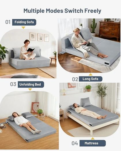 4-in-1 Folding Sofa Bed Double, Fold Out Sofa Couch with Velvet Cover & 2 Cushions, Floor Mattress Lounger for Living Room, Comfy Foldable Sofa Chair Bed, Removable Cover, Washable(135 190CM)