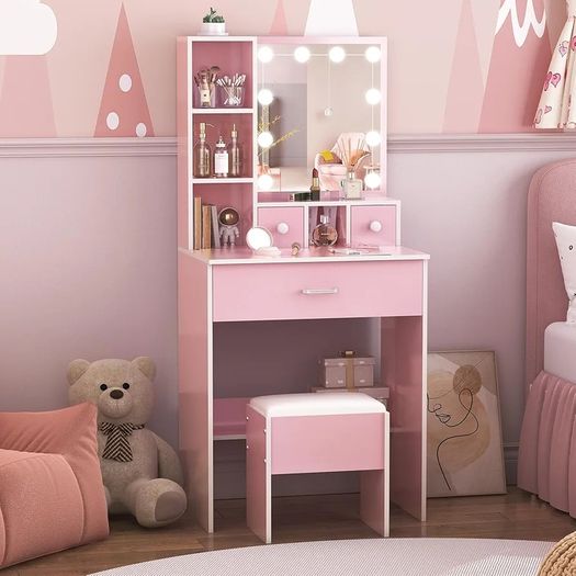 Dressing Table with Mirror and Stool, 10 LED Light Bulbs Vanity Desk with Storage Shelves & 3 Drawers, Kids Vanity Table and Chair Bedroom Furniture Girls Vanity Set 60cm Pink Makeup Desk