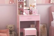Dressing Table with Mirror and Stool, 10 LED Light Bulbs Vanity Desk with Storage Shelves &amp; 3 Drawers, Kids Vanity Table and Chair Bedroom Furniture Girls Vanity Set 60cm Pink Makeup Desk