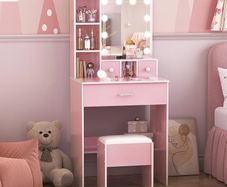 Dressing Table with Mirror and Stool, 10 LED Light Bulbs Vanity Desk with Storage Shelves & 3 Drawers, Kids Vanity Table and Chair Bedroom Furniture Girls Vanity Set 60cm Pink Makeup Desk