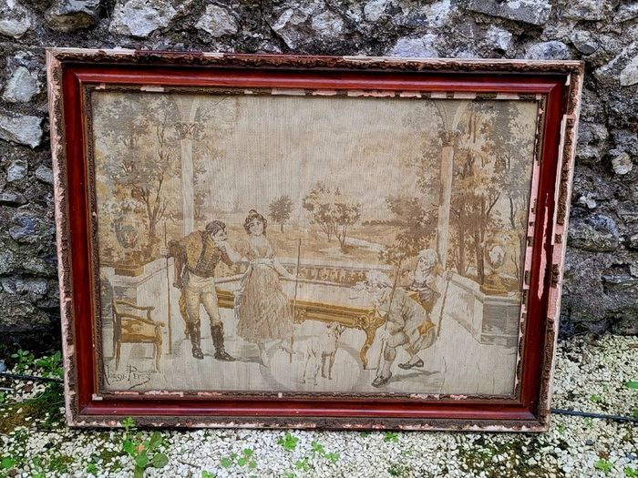 19th Century "The billiard lesson" tapestry in original frame