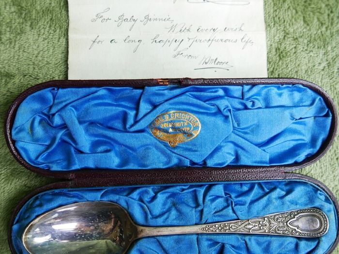 Antique Sterling Silver Christening Spoon by James Crichton & Sons of Glasgow, presented in its Original Velvet-lined Box. with original handwritten note from Glasgow dated October 4, 1886.