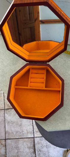 Vintage Octagonal Wood Jewelry Box: Lether Inlay, Mirrored Storage