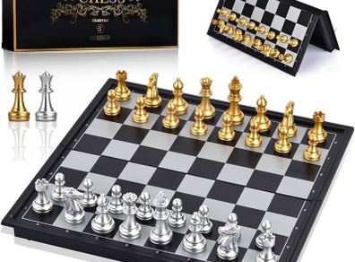 FREE P&P Magnetic Travel Chess Set with Folding Games Board and 2 Extra Queens & Storage Bag for Kids and Adults (Gold & Silver)