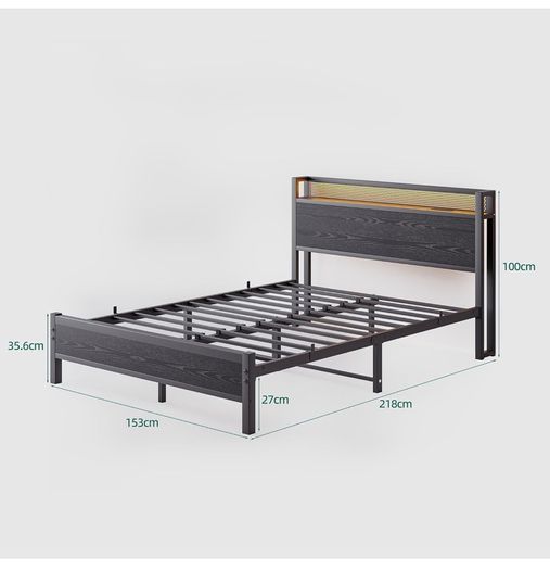 King Size Bed Frame with Storage,LED Lights,5ft Metal Bed Frame Kingsize Bed Frame with Charging Station,Mattress Foundation,Strong Steel Slats Support,Noise Free,Black