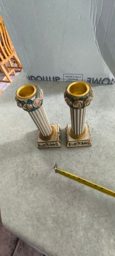 Vintage Pair of candlesticks shabby chic, resin pillar with roses