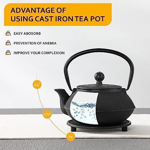 Iron Teapot set, Traditional Japanese Tetsubin Tea Kettle Cast Iron Teapot with Stainless Steel Infuser, Antique Small Dot Design, 2 Iron Cups and Trivet Stand Tray, 700ML/ 24OZ