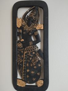 Asian wooden wall sculpture, Thai art decor, hand-carved hanging sculpture.