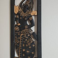 Asian wooden wall sculpture, Thai art decor, hand-carved hanging sculpture.