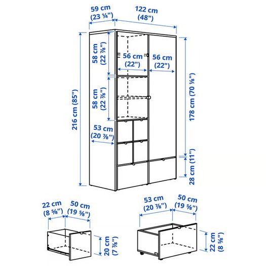 Wardrobe, grey/white, 122x59x216 cm