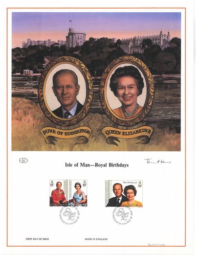 1986 Isle of Man Limited Edition Lithographed Print measuring 333mm X 257mm showing The 60th Anniversary of the Birth of Queen Elizabeth II and the 65th Anniversary of the Birth of Prince Philip Commemorative stamps with First Day of Issue Cancel