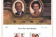 1986 Isle of Man Limited Edition Lithographed Print measuring 333mm X 257mm showing The 60th Anniversary of the Birth of Queen Elizabeth II and the 65th Anniversary of the Birth of Prince Philip Commemorative stamps with First Day of Issue Cancel