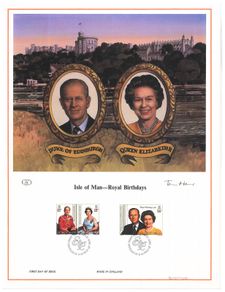 1986 Isle of Man Limited Edition Lithographed Print measuring 333mm X 257mm showing The 60th Anniversary of the Birth of Queen Elizabeth II and the 65th Anniversary of the Birth of Prince Philip Commemorative stamps with First Day of Issue Cancel