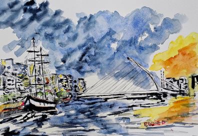 Samuel Beckett bridge and Jeannie Johnson watercolour