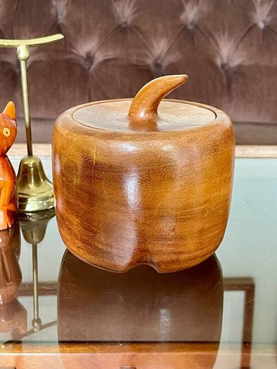 Vintage Apple Shaped Wood Jar Container Round Wooden Box 1960s 70s