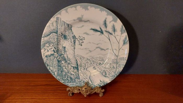 Fabulous Vintage Arklow Pottery Teal and White 9 Inch Wall Plate in an Unusual Landscape Pattern with a Castle Ruin