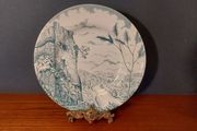 Fabulous Vintage Arklow Pottery Teal and White 9 Inch Wall Plate in an Unusual Landscape Pattern with a Castle Ruin