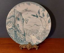 Fabulous Vintage Arklow Pottery Teal and White 9 Inch Wall Plate in an Unusual Landscape Pattern with a Castle Ruin