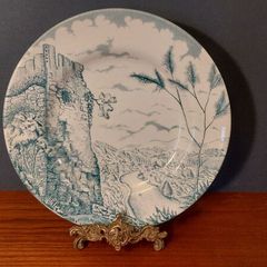 Fabulous Vintage Arklow Pottery Teal and White 9 Inch Wall Plate in an Unusual Landscape Pattern with a Castle Ruin