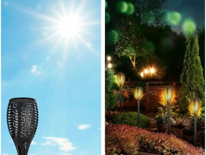 Solar Lights Outdoor Garden, 4 Pack 33LED Waterproof Solar Flickering Dancing Flame Pathway Lights, Dusk to Dawn Auto On and Off for Garden Patio Deck Yard Driveway Pathway