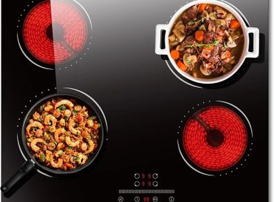 hob Electric Ceramic Hob 60 cm 4 Zone with Slide Touch Control 6000W, Timer & Kid Safety Lock, 9 Power Levels, 220V-240V Hard Wire (No Plug)