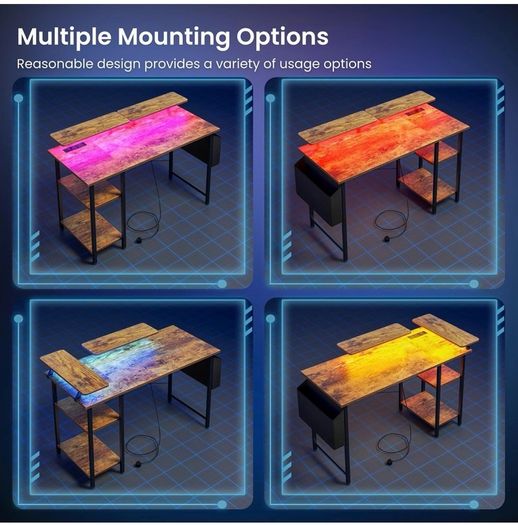Gaming Desk with LED Lights & Power Outlets, Reversible