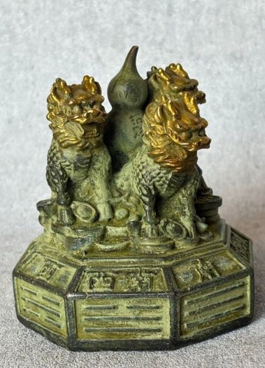 Vintage Feng Shui Triple Qilin Sculpture - Patinated Bronze, Signed