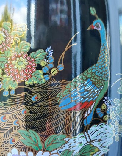 Japanese "Interpur" Ceramic Black Peacock/Floral Vase