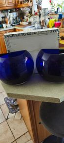 Vintage Set of 2 Cobalt Blue Flat Back Vase Handcrafted and Mouthblown Half Sphere Art Glass From Poland each is 75.00 euro or as set of 2 is 130.00 euro.