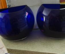 Vintage Set of 2 Cobalt Blue Flat Back Vase Handcrafted and Mouthblown Half Sphere Art Glass From Poland each is 75.00 euro or as set of 2 is 130.00 euro.