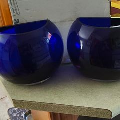 Vintage Set of 2 Cobalt Blue Flat Back Vase Handcrafted and Mouthblown Half Sphere Art Glass From Poland each is 75.00 euro or as set of 2 is 130.00 euro.