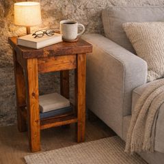 Rustic Walnut Finish Handmade Solid Wood Bedside Table / Stool / End Table