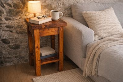 Rustic Walnut Finish Handmade Solid Wood Bedside Table / Stool / End Table