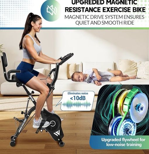 5-in-1 Quiet Folding Exercise Bikes for Home Use, 16 Level Adjustable Magnetic Resistance Foldable Stationary Exercise Bike, LCD Display with Heart Rate, 350LBS Capacity Comfort Seat
