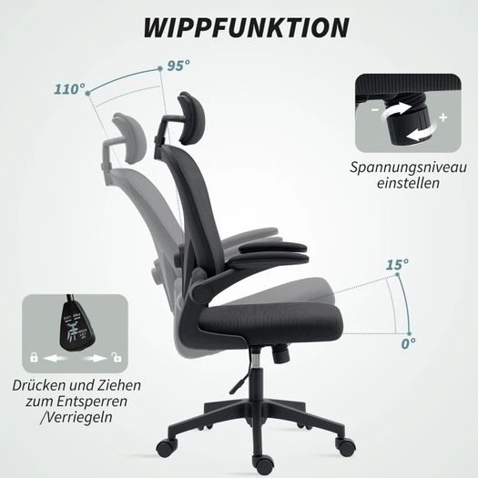 Office chair Ergonomic desk chair with flip-up armrests, adjustable lumbar support Black