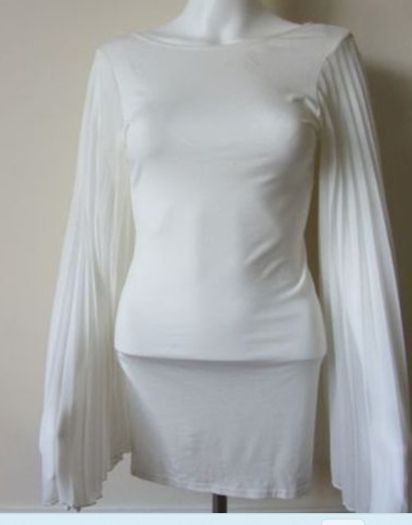 White tunic top, pleated angel wing long sleeves