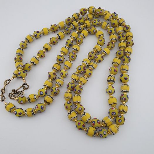 Antique Venetian Style Yellow Skunk & Trade Glass Beads Necklace