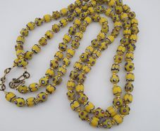 Antique Venetian Style Yellow Skunk & Trade Glass Beads Necklace