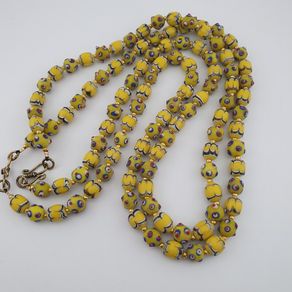 Antique Venetian Style Yellow Skunk & Trade Glass Beads Necklace