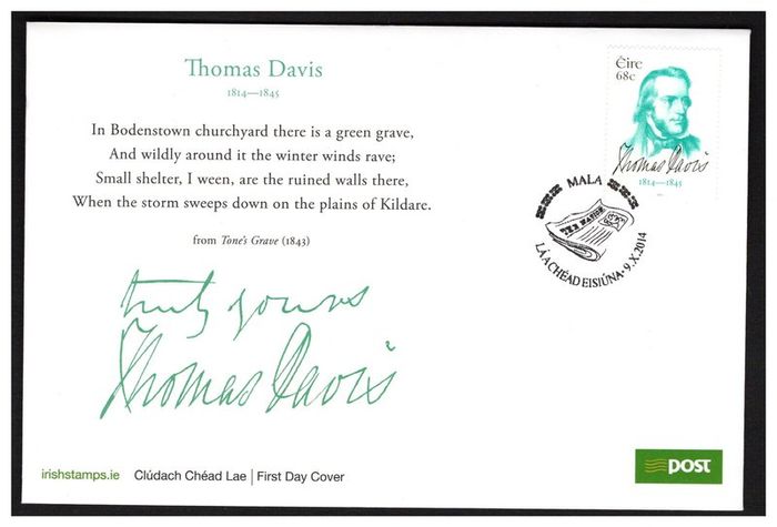 2014 Ireland Birth Centenary of Thomas Davis (Founder of the Young Ireland Movement) Commemorative Stamp Mallow Cancel An Post First Day Cover (FDC)