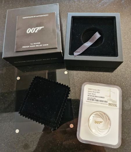 PF 69 Ultra Cameo 2020 Tuvalu James Bond 007 High Relief 1oz Silver Proof Low Mintage Coin