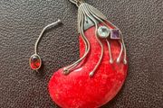 Sterling Silver 925 Red Wood &amp; Gemstone Crescent Pendant - Broken Piece Included
