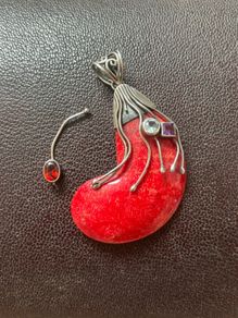 Sterling Silver 925 Red Wood & Gemstone Crescent Pendant - Broken Piece Included