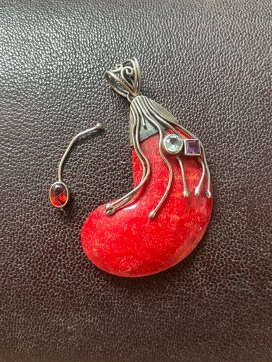 Sterling Silver 925 Red Wood & Gemstone Crescent Pendant - Broken Piece Included