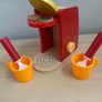 wooden coffee machine set with cups, spoons, pods Image 3