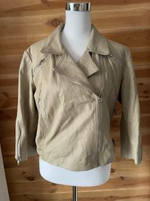 Kookai women leather cream jacket biker 3/4 length sleeves size 12