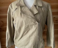 Kookai women leather cream jacket biker 3/4 length sleeves size 12
