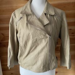 Kookai women leather cream jacket biker 3/4 length sleeves size 12