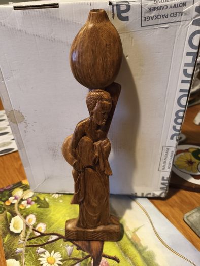 Vintage wall hanging wood carved  of Trip person carry water pot.