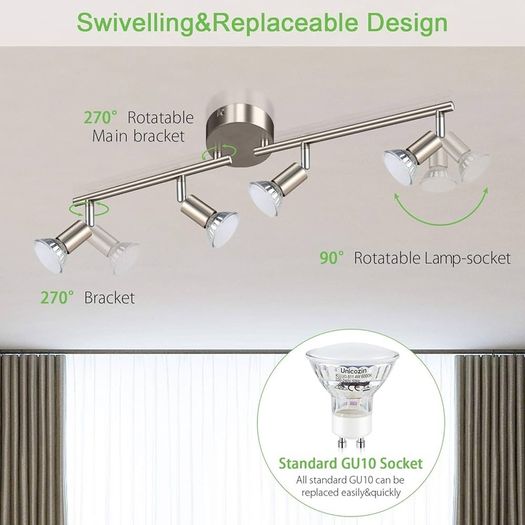 NEW SALE | LED Ceiling Light Rotatable, 4 Way LED Ceiling Spotlight, Matt Nickel & Swivelling Design, Including 4 X 4W GU10 LED Bulbs (450LM, Cool White 6000K),for Kitchen, Living Room, Bedroom